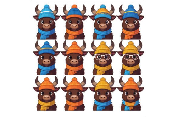 Cartoon Bulls in Winter Hats and Scarves: A Versatile Design for Your Creative Projects