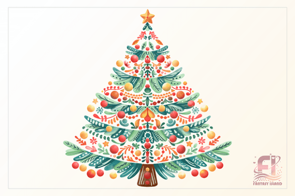Christmas Boho Tree Watercolor Clipart