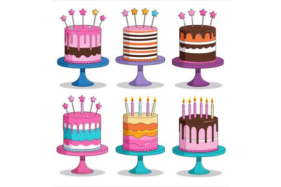 Six Colorful Birthday Cakes Vector Art