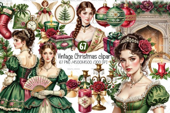 Vintage Christmas PNG Bundle: Victorian Elegance